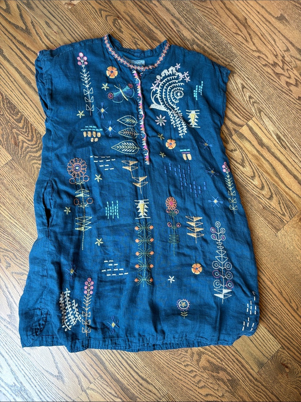 Johnny Was Embroidered Linen Teal Blue Tunic Dress, S